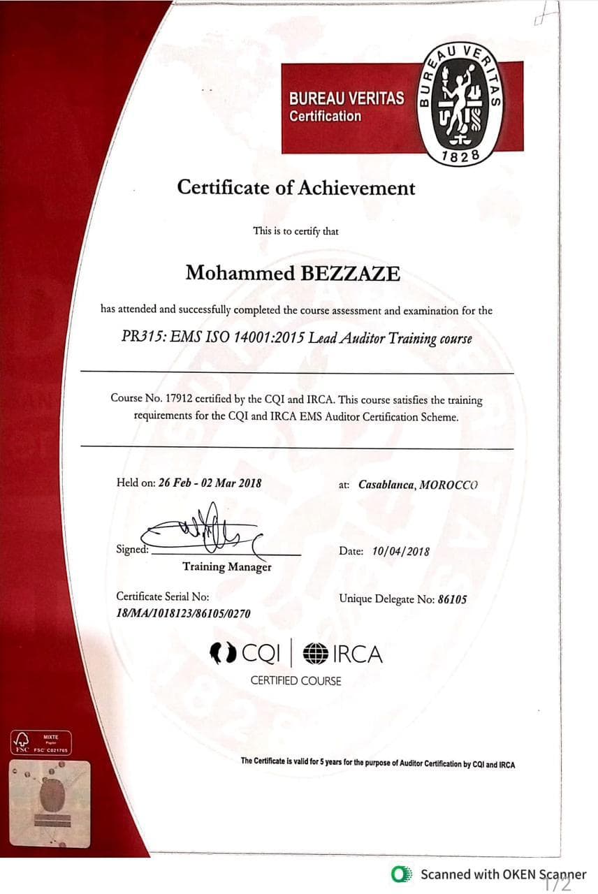 Certificat CQI & IRCA Lead Auditor ISO 14001:2015 de Mohammed Bezzaze
